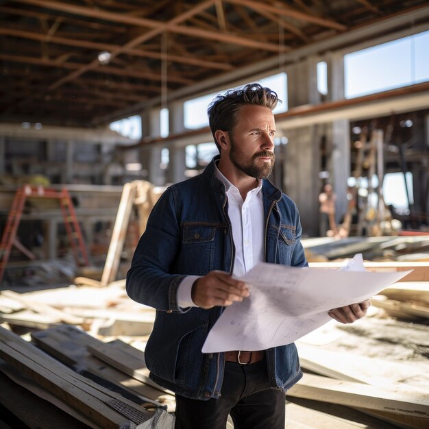 Architect reviewing plans at construction site