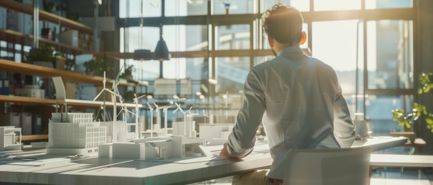 Architect reviewing scale models in sunlit office