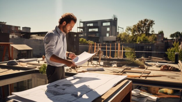 Фото Архитектор внимательно изучает строительные предприятия, стоящие на строительной площадке