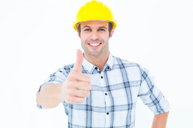 Architect showing thumbs up over white background