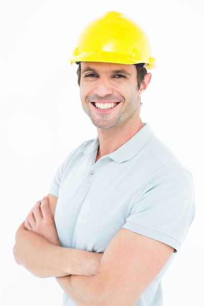 Architect smiling over white background