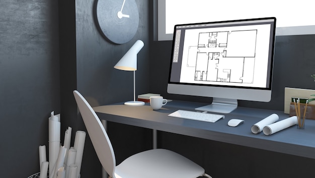 Architect studio with computer 3d rendering mockup