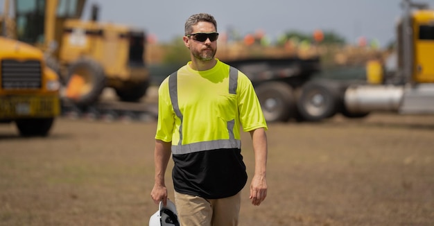 Architect supervisor or construction engineer man with heavy machine on background of building site