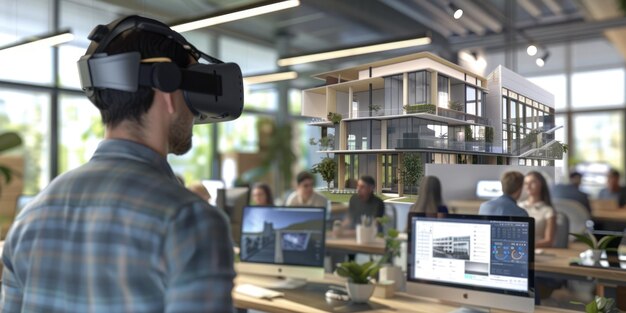 Foto architetto che indossa gli occhiali usando il vr per collegare e progettare edifici aig