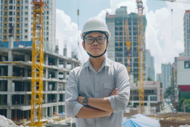 Architect in white helmet poses confidently at construction site