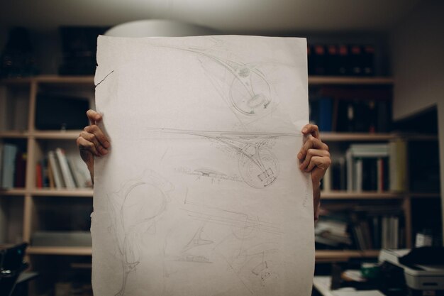 architect with blueprints and layout design project at office