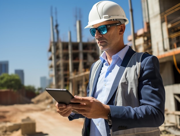 Architect with laptop in hand at construction site