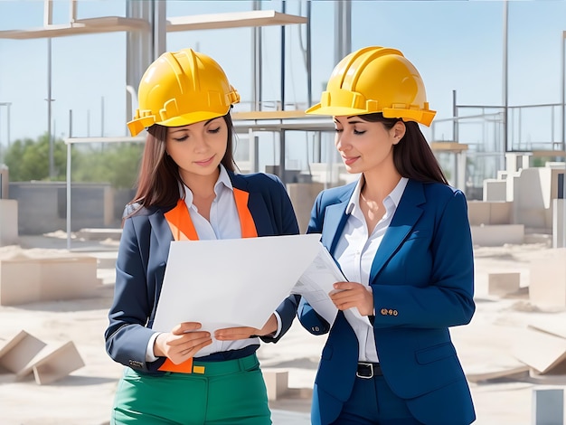 Architect women with building plan at construction site business building industry real estate