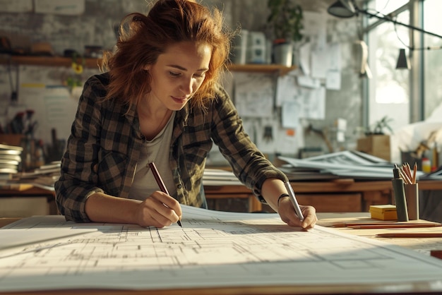 architect at work in front of a blueprint