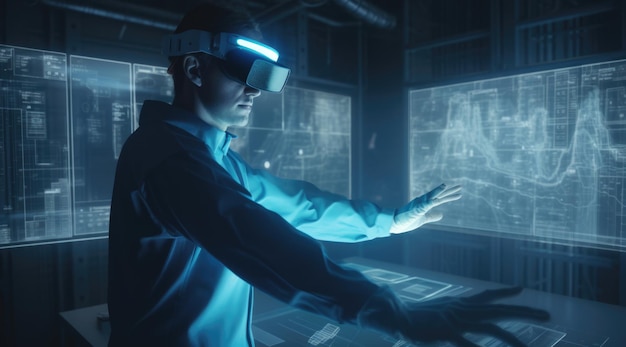 Architect worker in protective outfit using virtual reality to view large digital models in the style of dark gray and light azureGenerative AI AIG21