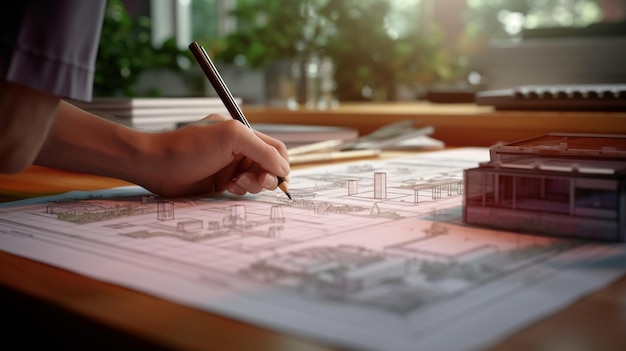 Architect working on blueprint in office Construction conceptgenerative ai