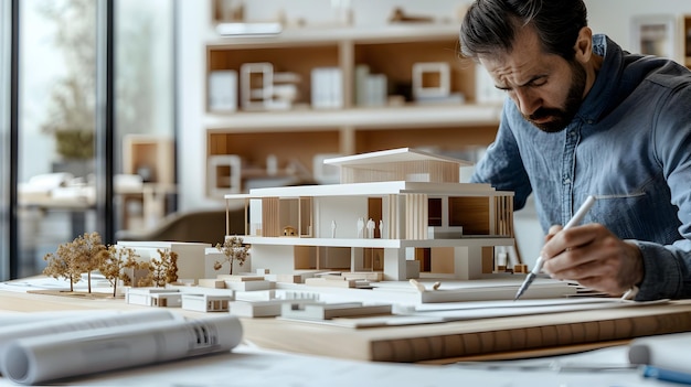 Architect Working on a House Model in Living Room