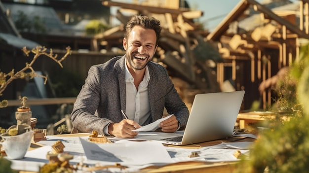 Architect working with laptop and papers at construction site in summer generative AI Designer or builder works on project at table outdoor Concept of house job business design