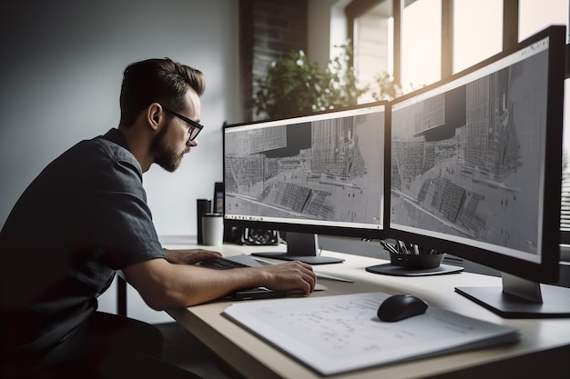 An architect works on a computer on a project of a modern building while working in the office