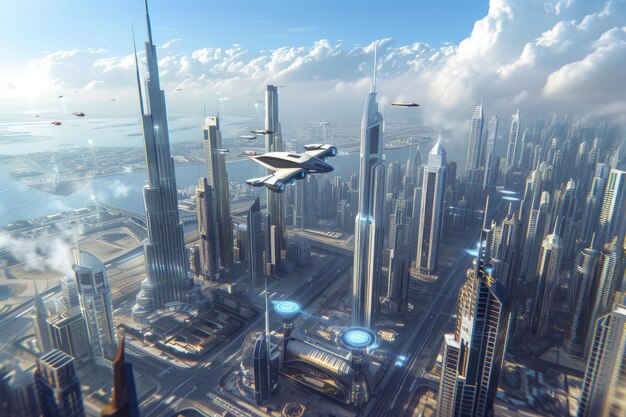 Город мечты архитектора с летающими машинами и высокими небоскребами