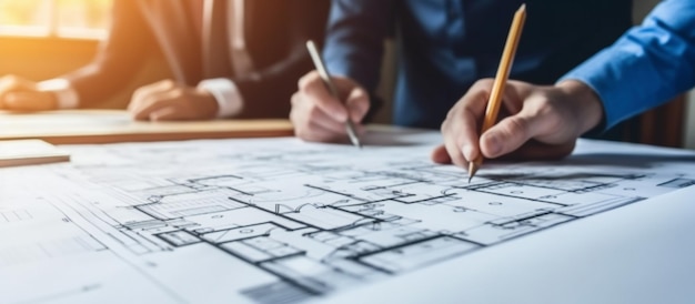 Architecten en ingenieurs bespreken aan tafel Persoonsingenieur handtekeningsplan op blauwdruk