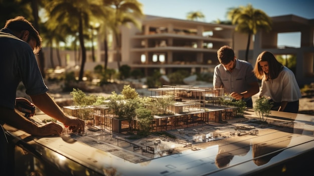 Architecten werken aan een bouwplan op een bouwplaats in Miami