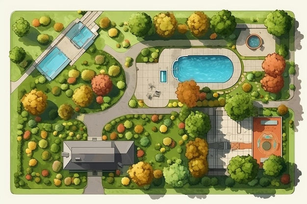 Architectonisch element topbeeld voor projectplan kaart huis weg tegels bank boom zwembad landschapsontwerp