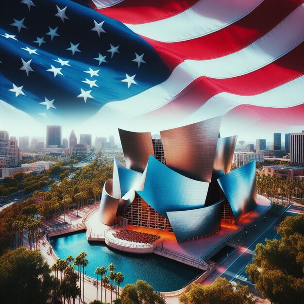 architectonisch patriotisme de iconische Walt Disney Concert Hall omlijst de majestueuze Amerikaanse vlag