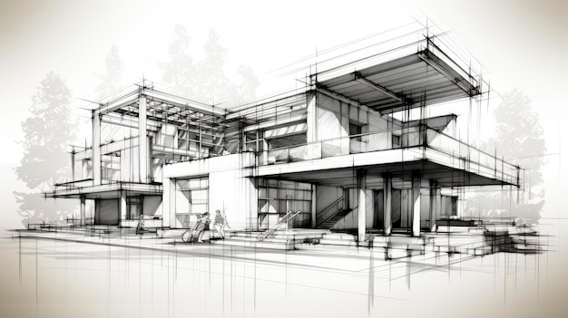 Architectonische achtergrond van het project Plan van de vloer met schets van het ontwerp van het moderne gebouw zeer gedetailleerd