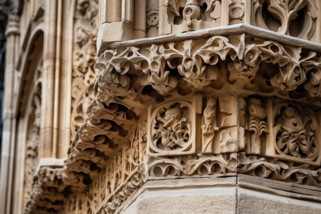 Architectonische detailclose-up van ingewikkelde steenhouwen op kathedraal gemaakt met generatieve ai