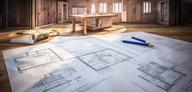 Architectonische plannen op een tafel bij de bouw van een huis