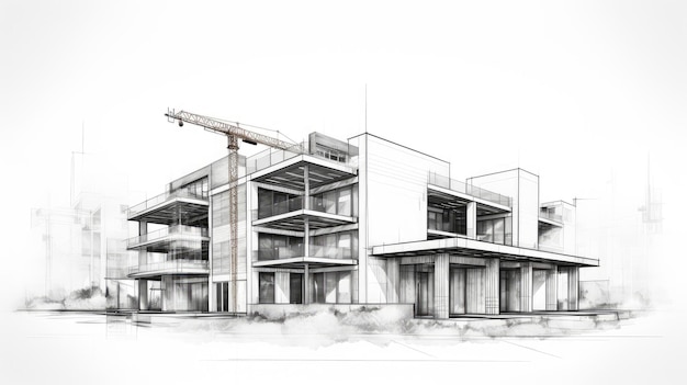 Architectonische schets van een modern gebouw in aanbouw met zichtbare steigeringen en een kraan