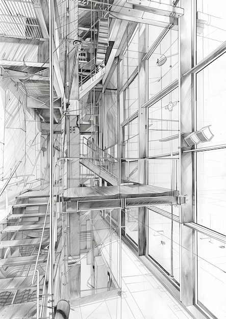 Architectonische tekening met trap en raam artistieke illustratiestijl