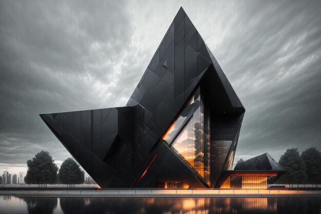 architectonische visualisatie van een futuristisch gebouw met zwarte gevel