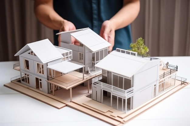 建築家の設計チームは小さな家のモデルを検討しています 2
