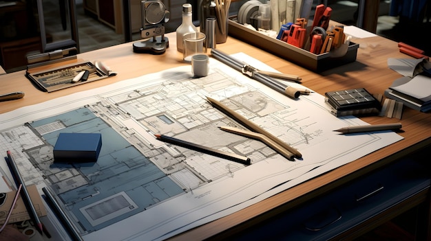 Architects desk adorned with rolled blueprints