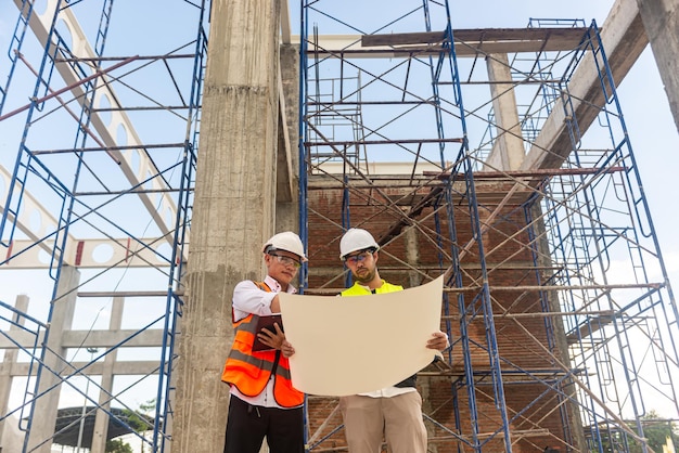 Architects engineer are checking the progress of the building project and checking the accuracy of the building structure