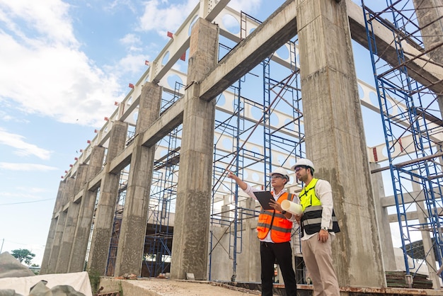 Architects engineer are checking the progress of the building project and checking the accuracy of the building structure
