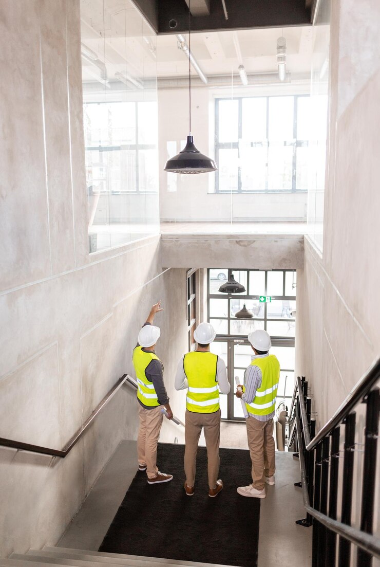 फोटो architects in helmets with blueprints at office