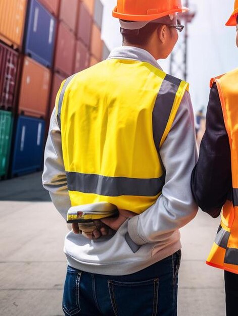 Architects standing put hands on top of each other with confident together in container yard site