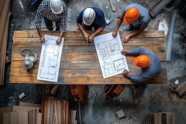 Architects Team Working Top View Construction Plans