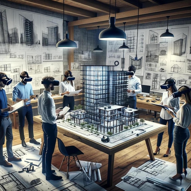 Photo architects using virtual reality to visualize urban design in modern office