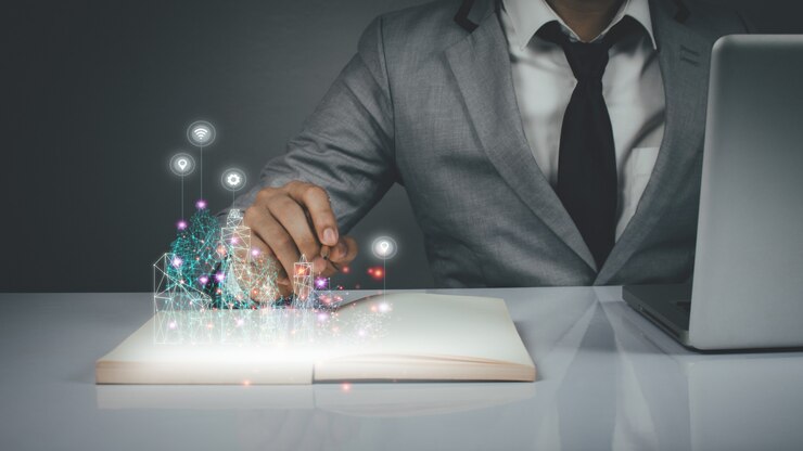 Photo architects work in a high-tech office, use a virtual modeling software application. innovative technology