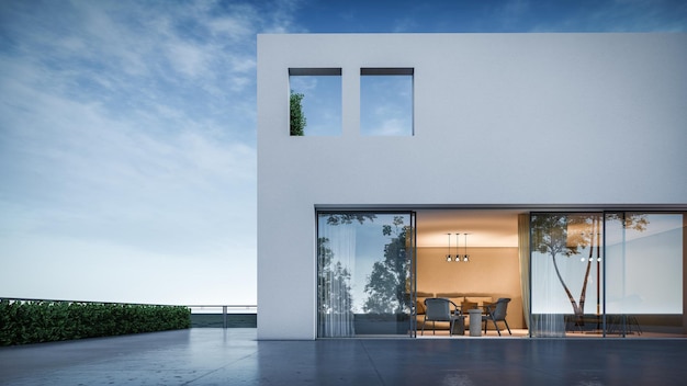 푸른 하늘 배경으로 현대 최소한의 집의 건축 3d 렌더링 그림