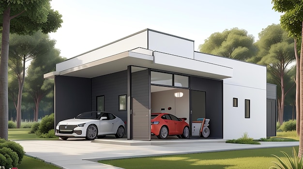 Архитектурная 3D-рендеринговая иллюстрация современного минимального дома с гаражом и природным пейзажем сзади