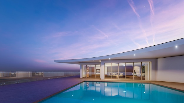 Архитектурная 3d-рендеринговая иллюстрация современного минимального дома с бассейном