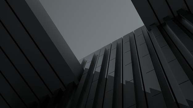 Architectural abstract design wall of blocks with ceiling black\
concrete architectural structure dark abstract wall design with\
shadows 3d render