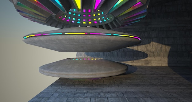 Architectural background Abstract concrete interior with discsColored gradient neon lighting 3D