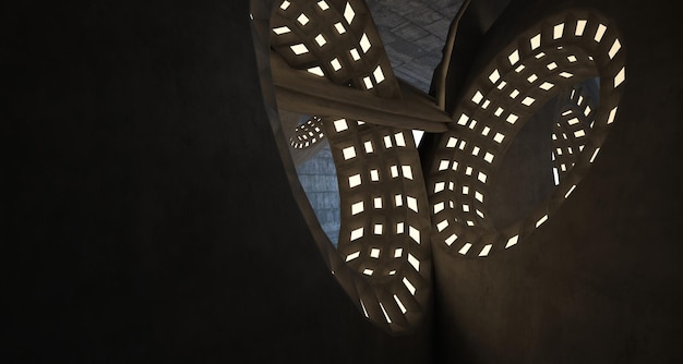 Архитектурный фон Абстрактный бетонный интерьер с гладкими хромированными дисками Неоновое освещение 3D