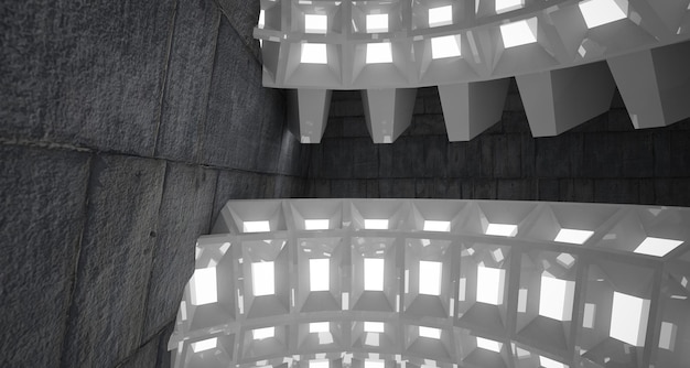 Архитектурный фон Абстрактный бетонный интерьер с гладкими глянцевыми белыми дисками Неоновое освещение
