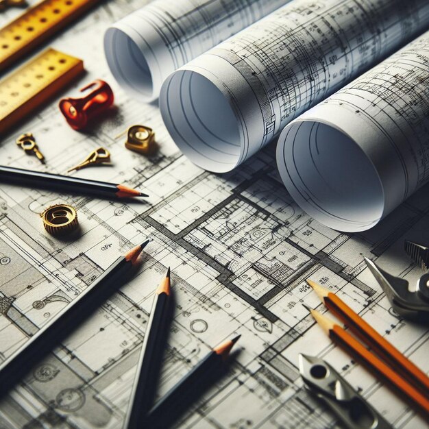 Фото Архитектурный фон с чертежами модели дома калькулятор и карандаши концепция строительства