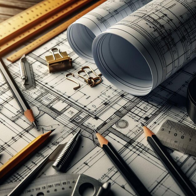 Architectural background with blueprints house model calculator and pencils Construction concept