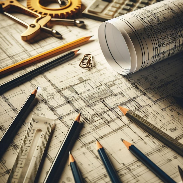 Architectural background with blueprints house model calculator and pencils Construction concept