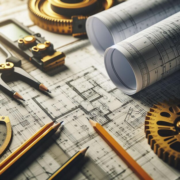 Photo architectural background with blueprints house model calculator and pencils construction concept