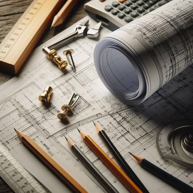 Architectural background with blueprints house model calculator and pencils Construction concept